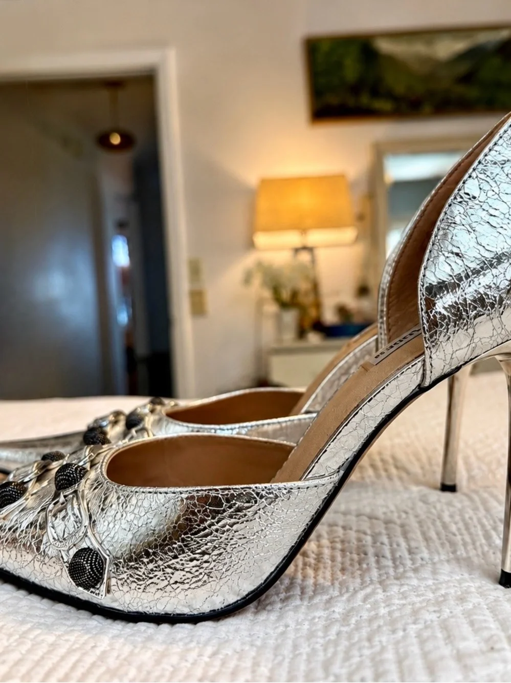 Steve Madden Metallic Silver Pointed D'Orsay Heels with Black Stud Detail